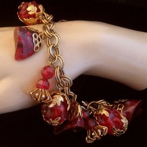 Vintage CHARM Bracelet variegated dark RED Charms goldtone endcaps